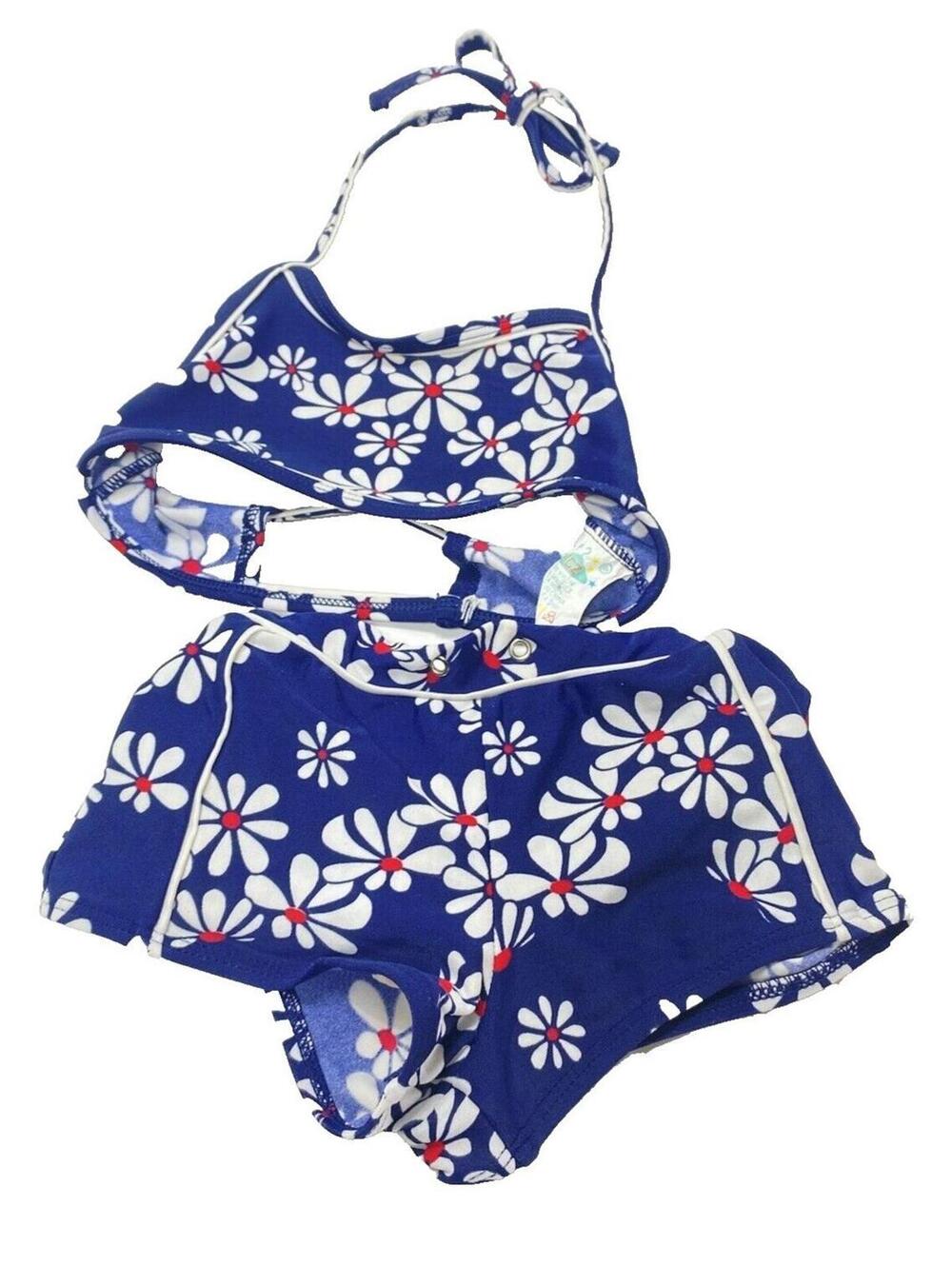Vintage Kids Blue Floral Bathing Suit 2pc Size 6X Twisted Waistband Elastic AsIS